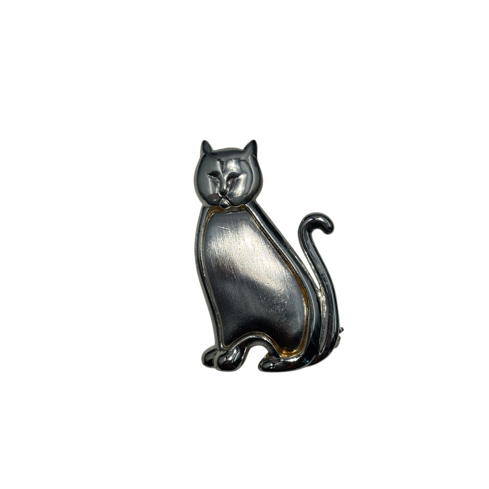 Vintage Silver Tone Brushed Belly Cute Sitting Kitty Cat Kitten Brooch Pin